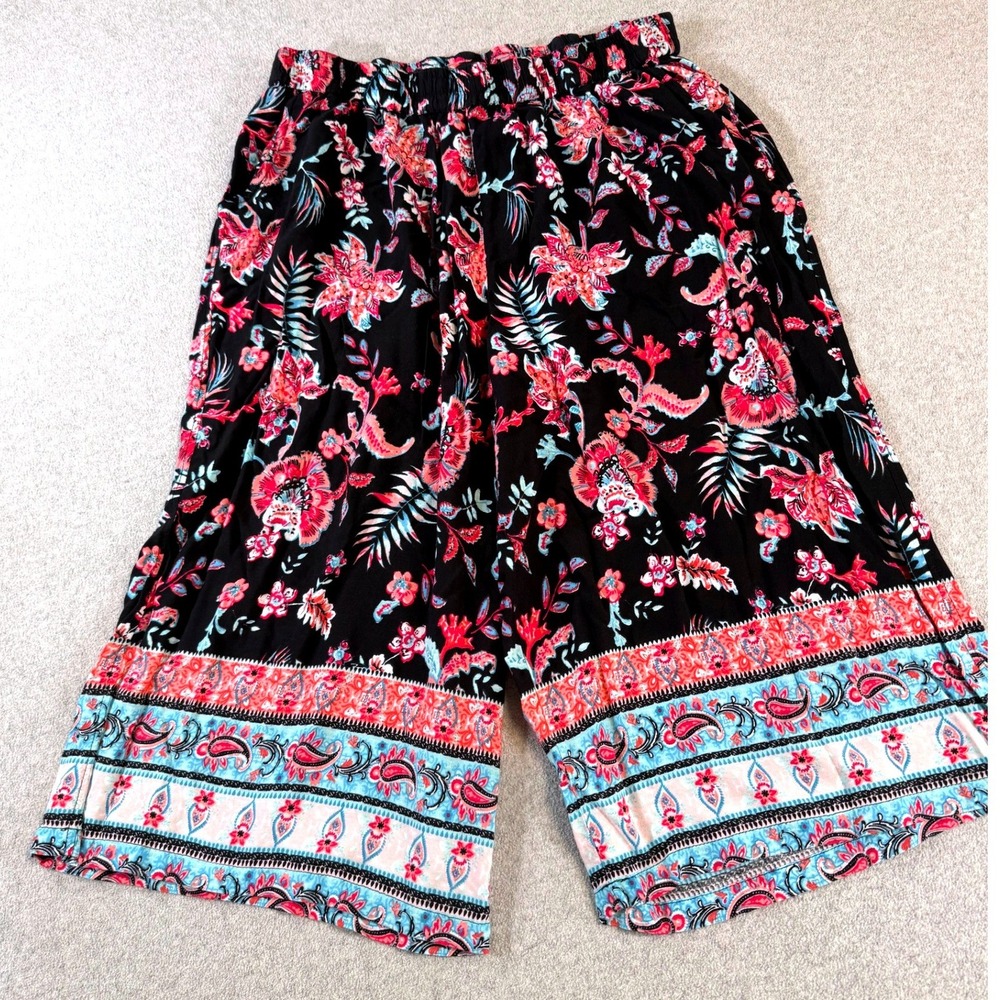 Boho Floral Wide Leg Pants Women's Elastic Waist Culottes Resort Beach Light
